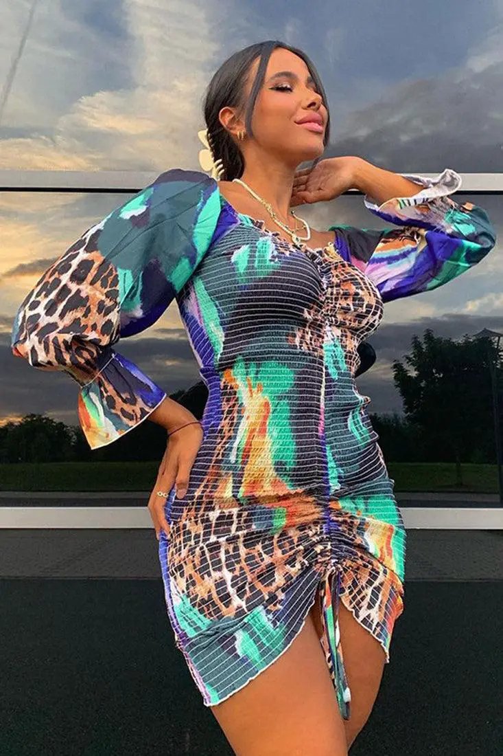 long sleeve clubbing dress Sexy Multi Colored Long Sleeve Club Dress With Leopard Detail