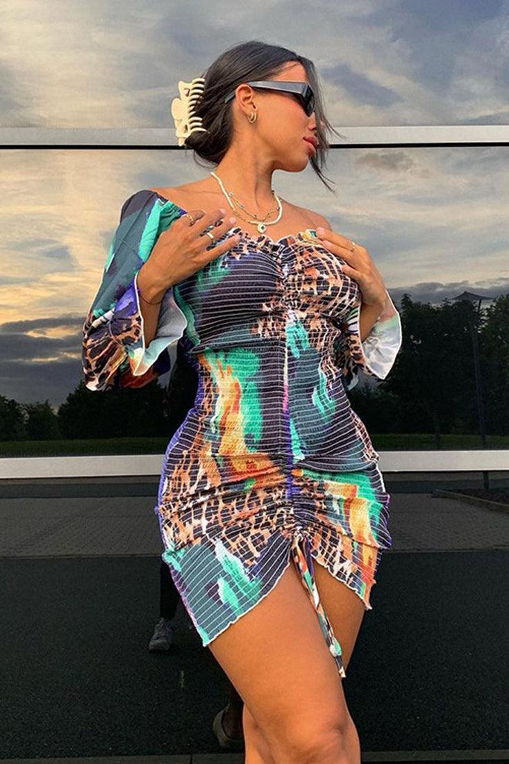 Sexy Multi Colored Long Sleeve Club Dress With Leopard Detail - AMIClubwear