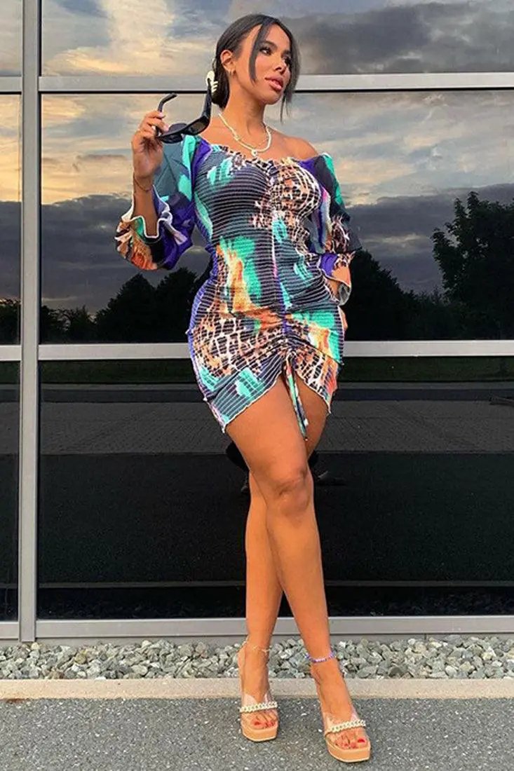 sexy long sleeve club dresses Sexy Multi Colored Long Sleeve Club Dress With Leopard Detail