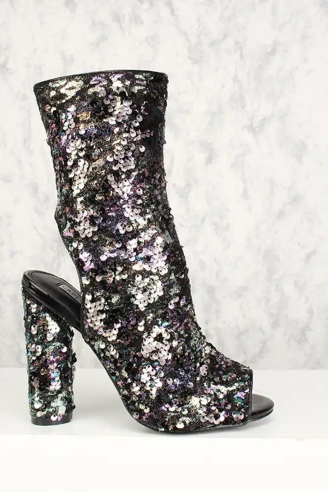 Sexy Multi Peep Toe Chunky Heel Mid Calf Booties Sequin - AMIClubwear