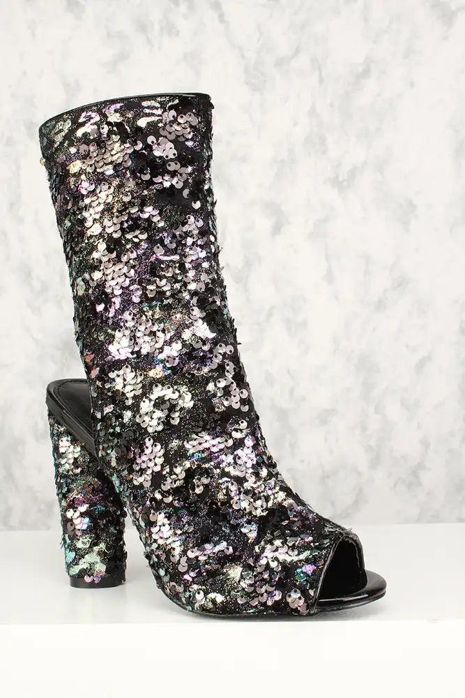 Sexy Multi Peep Toe Chunky Heel Mid Calf Booties Sequin - AMIClubwear