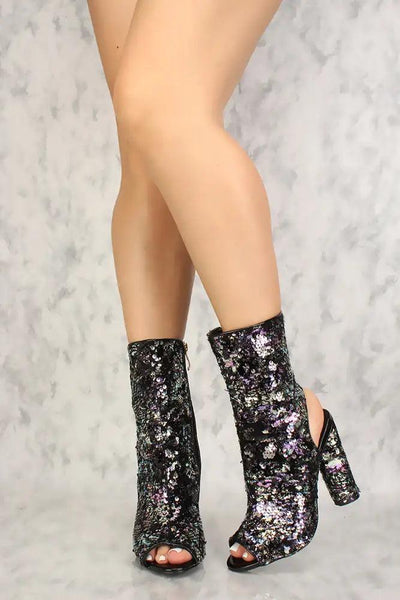 Sexy Multi Peep Toe Chunky Heel Mid Calf Booties Sequin - AMIClubwear