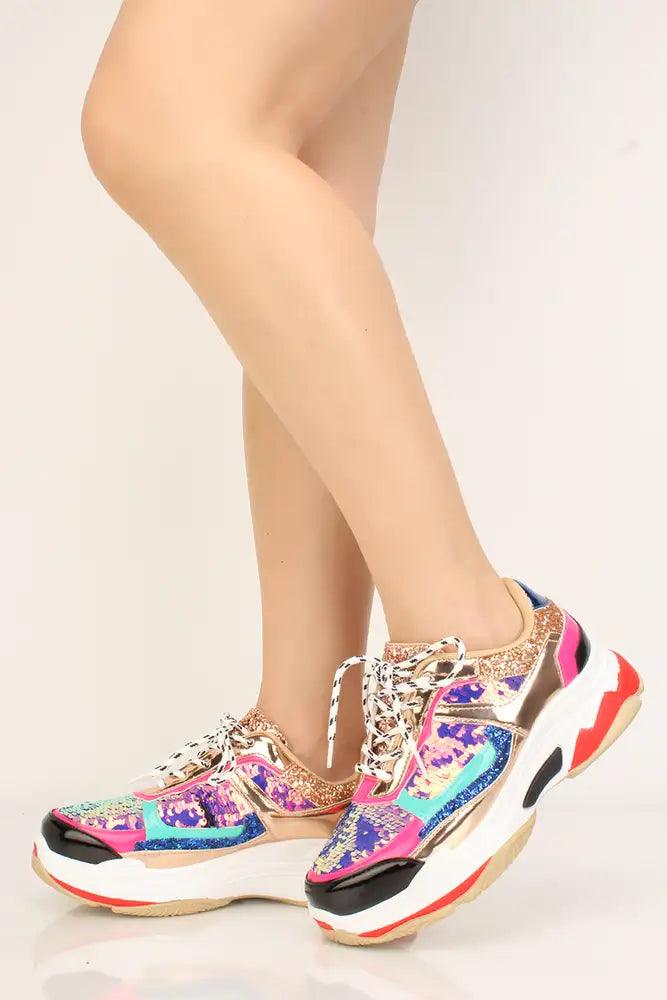 Sexy Multi Sequins Lace-Up Platform Sneakers - AMIClubwear