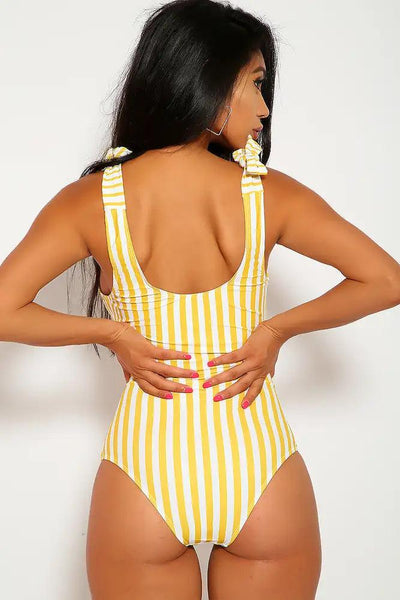 Sexy Mustard White Stripe Strap Tie One Piece Swimsuit - AMIClubwear