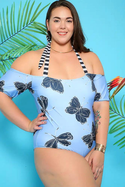 Sexy Navy Blue Off The Shoulder Plus Size One Piece Swimsuit - AMIClubwear