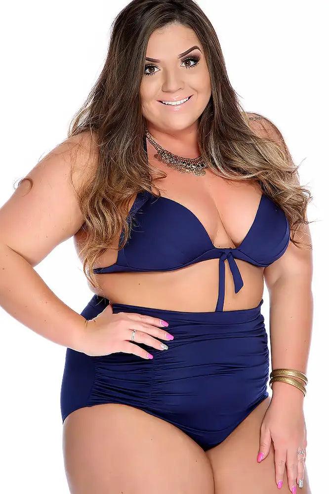 Sexy Navy Bold Halter Strap Pleated High Waisted Ruched Plus Size Two Piece Swimsuit - AMIClubwear