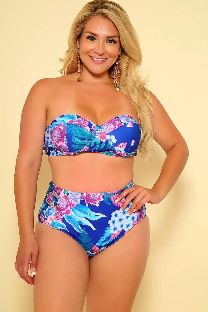 Sexy Navy Floral Bandeau High Waist Plus Size Two Piece Swimsuit - AMIClubwear