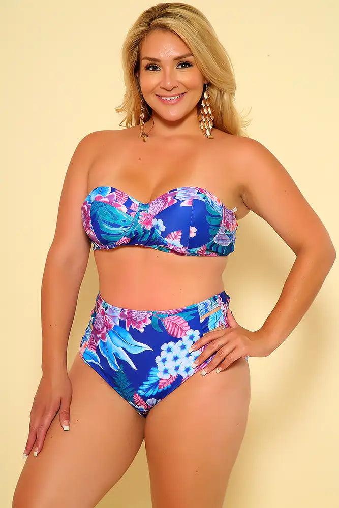 Sexy Navy Floral Bandeau High Waist Plus Size Two Piece Swimsuit - AMIClubwear