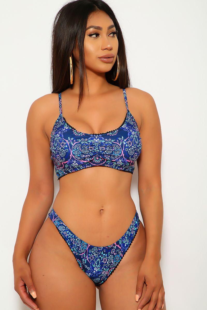 Sexy Navy Floral Print Crochet Trim Two Piece Swimsuit - AMIClubwear