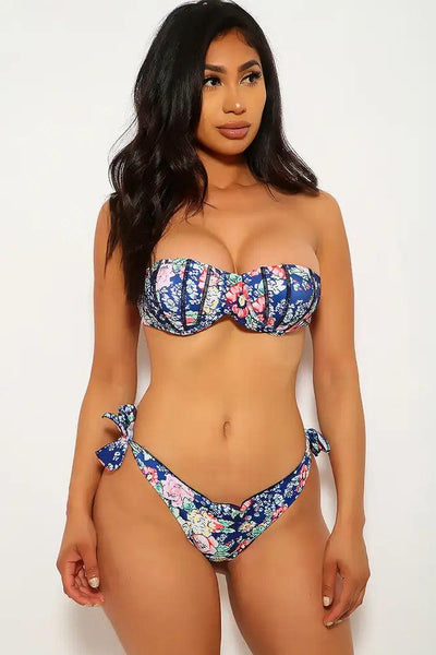 Sexy Navy Floral Print Push Up Bandeau Two Piece Swimsuit - AMIClubwear