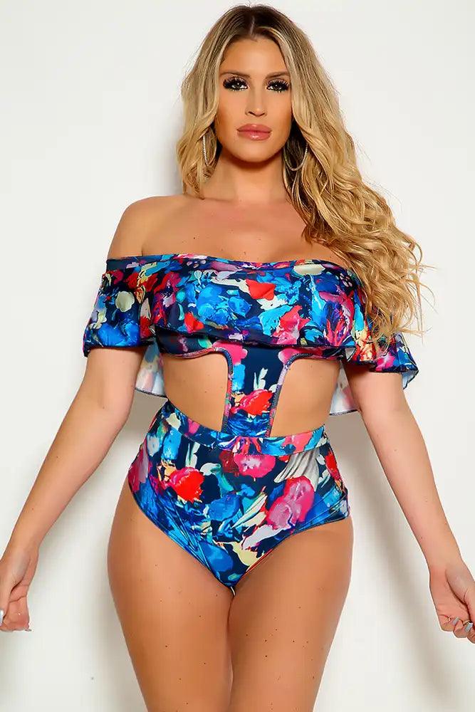 Sexy Navy Fuchsia Off The Shoulder Ruffle Layer One Piece Swimsuit - AMIClubwear