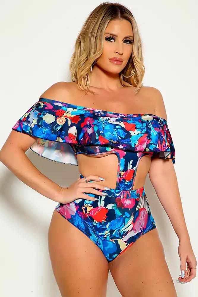 Sexy Navy Fuchsia Off The Shoulder Ruffle Layer One Piece Swimsuit - AMIClubwear