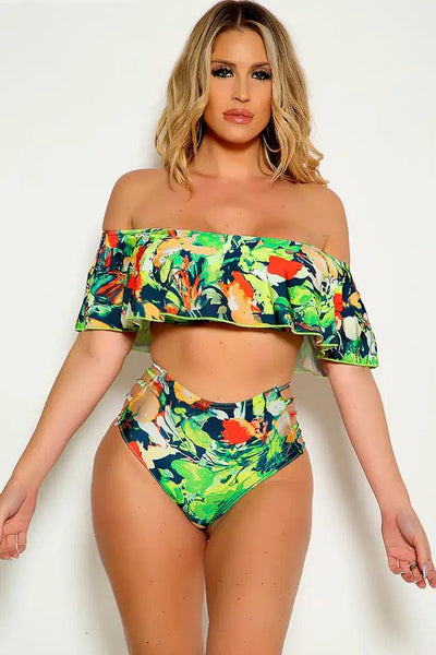 Sexy Navy Green Off The Shoulder Ruffle Layer Two Piece Swimsuit - AMIClubwear