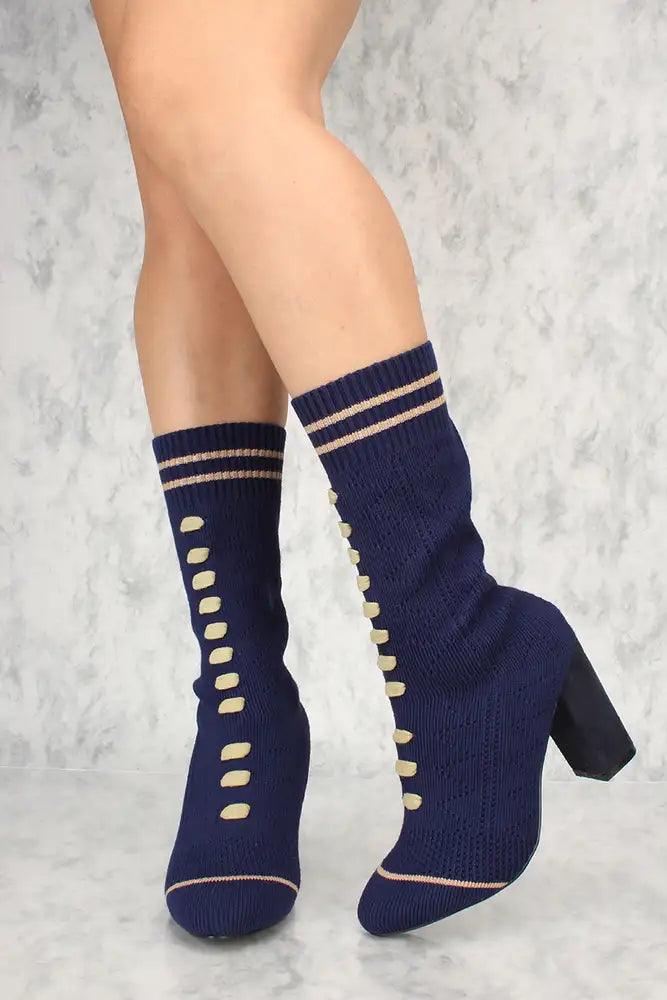 Sexy Navy Knit Stripe Pattern Chunky Heel Sock Booties - AMIClubwear