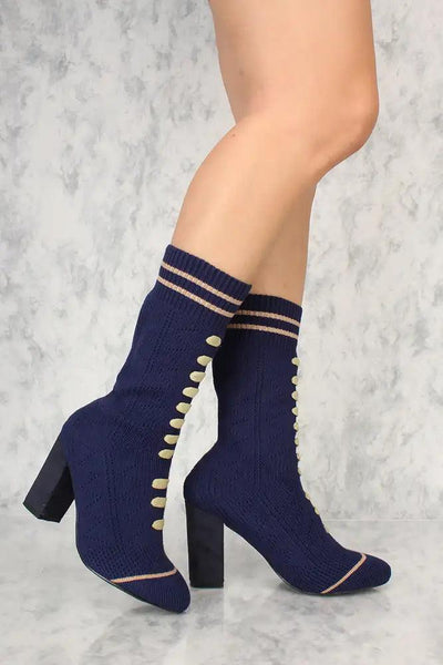 Sexy Navy Knit Stripe Pattern Chunky Heel Sock Booties - AMIClubwear