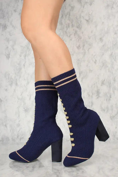 Sexy Navy Knit Stripe Pattern Chunky Heel Sock Booties - AMIClubwear