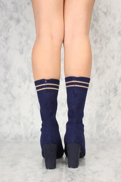 Sexy Navy Knit Stripe Pattern Chunky Heel Sock Booties - AMIClubwear