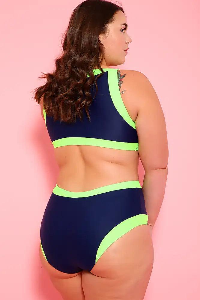 Sexy Navy Lime Two Tone Side Cutout Detail Plus Size One Piece Swimsuit - AMIClubwear