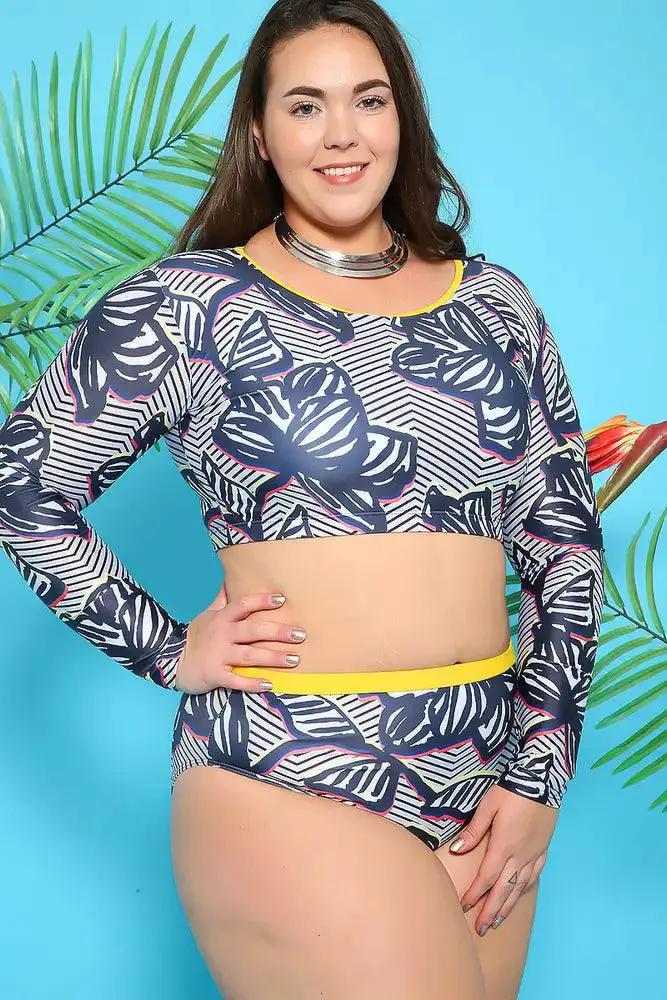 Sexy Navy Marigold Blue Design Plus Size Two Piece Swimsuit