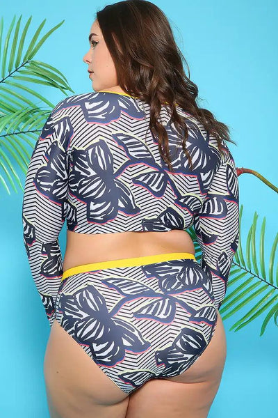 Sexy Navy Marigold Blue Design Plus Size Two Piece Swimsuit - AMIClubwear