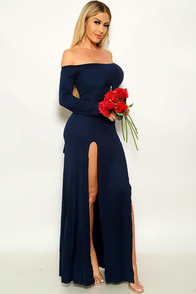 Sexy Navy Off Shoulder Double Slit Maxi Cocktail Dress - AMIClubwear