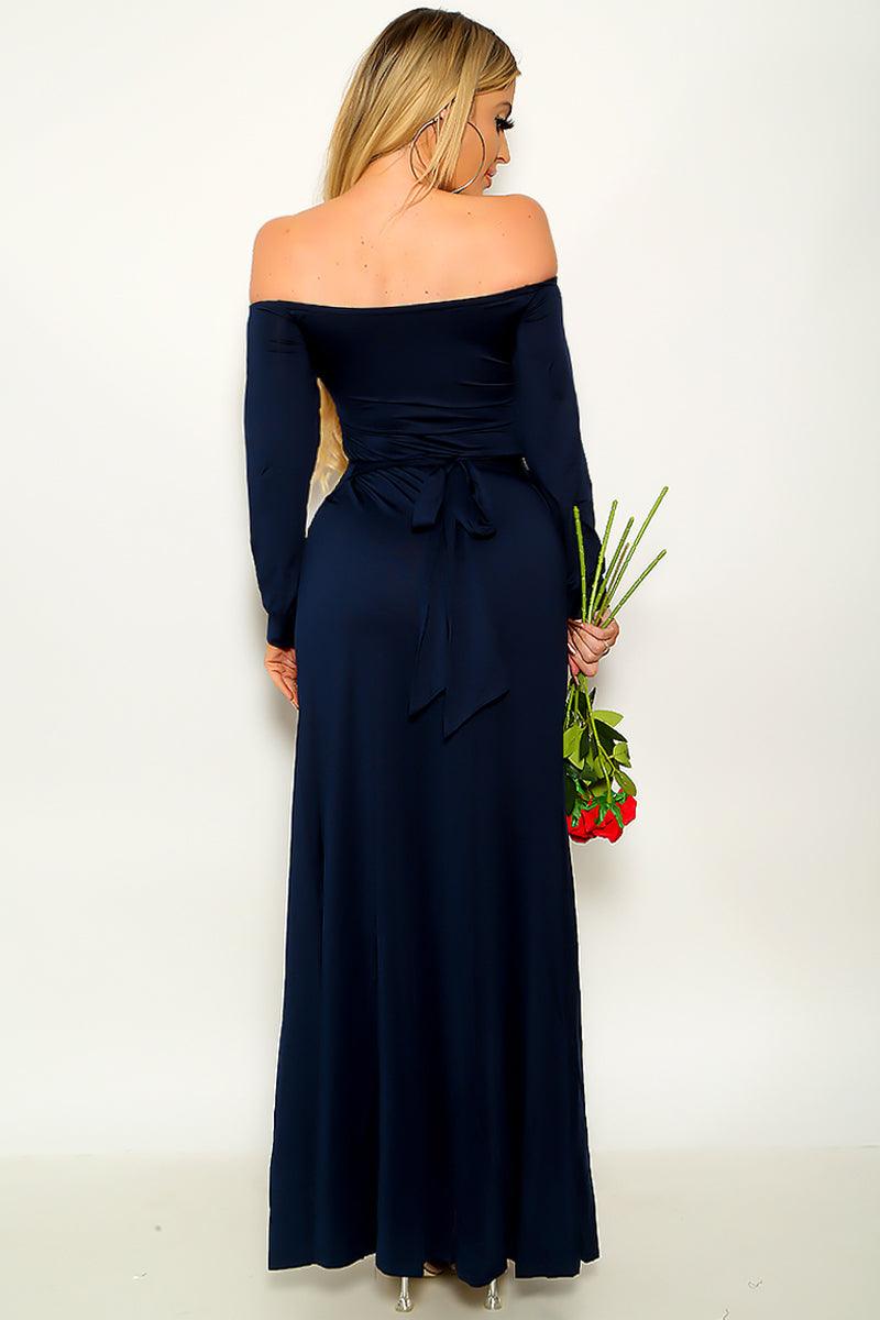 Sexy Navy Off Shoulder Double Slit Maxi Cocktail Dress - AMIClubwear