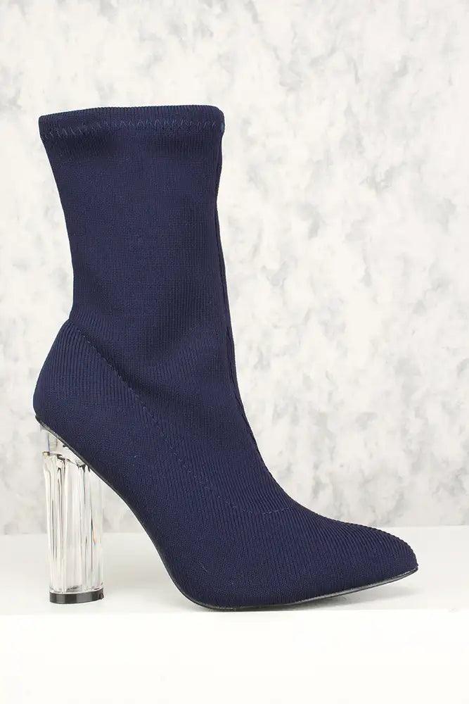 Sexy Navy Pointy Toe Clear Chunky Heel Mid Calf Booties Knit - AMIClubwear