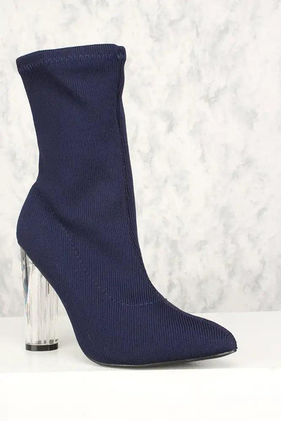 Sexy Navy Pointy Toe Clear Chunky Heel Mid Calf Booties Knit - AMIClubwear