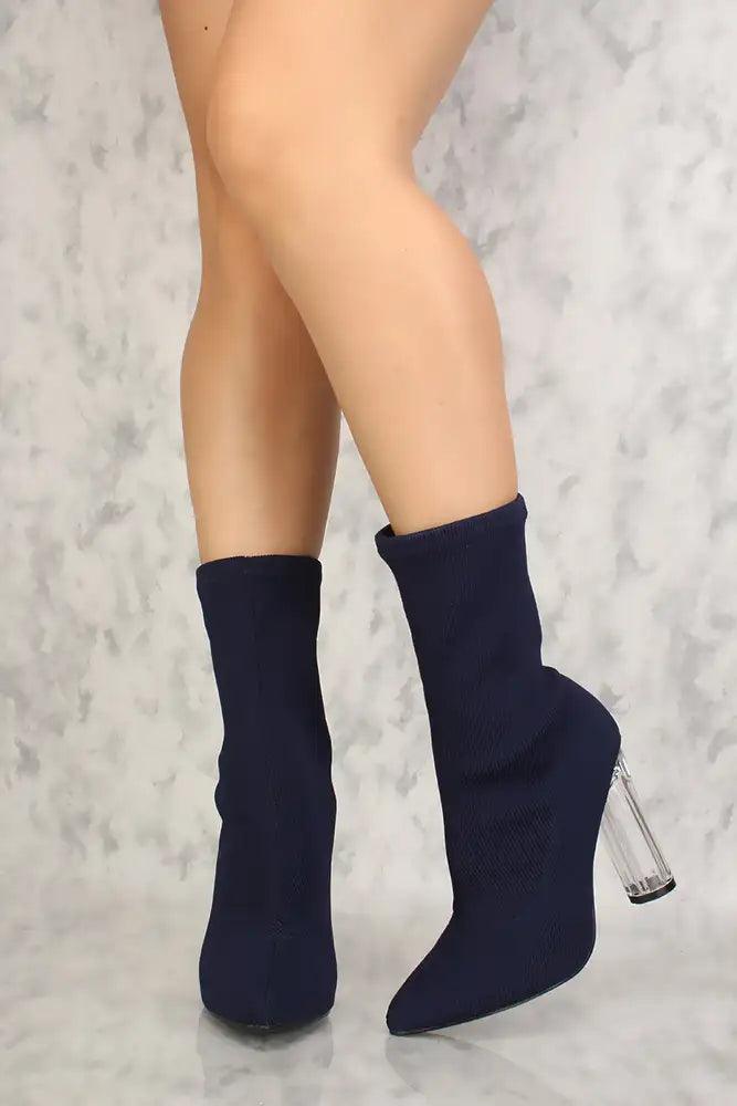 Sexy Navy Pointy Toe Clear Chunky Heel Mid Calf Booties Knit - AMIClubwear