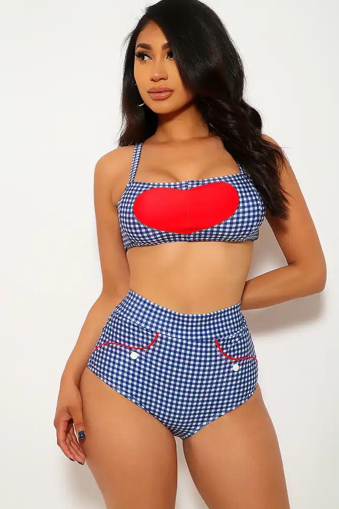 Sexy Navy Red Gingham Button Detail High Waist Two Piece Swimsuit - AMIClubwear