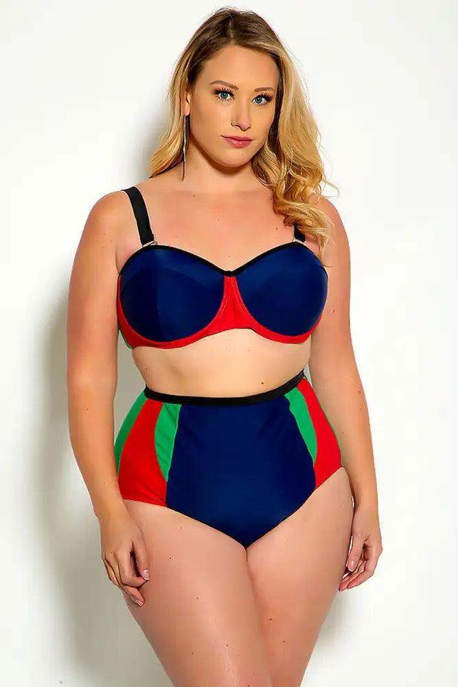 Sexy Navy Red Two Tone High Waist Plus Size Two Piece Swimsuit - AMIClubwear