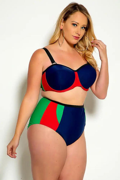 Sexy Navy Red Two Tone High Waist Plus Size Two Piece Swimsuit - AMIClubwear