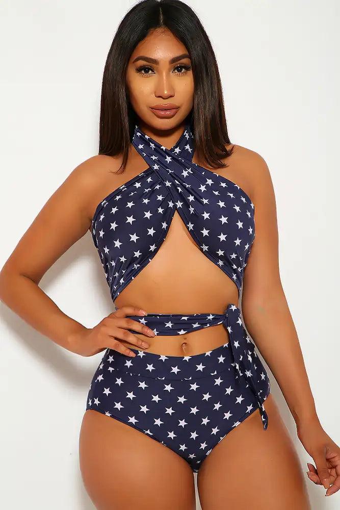 Sexy Navy Strap Print Cross Neck High Waist Swimsuit - AMIClubwear