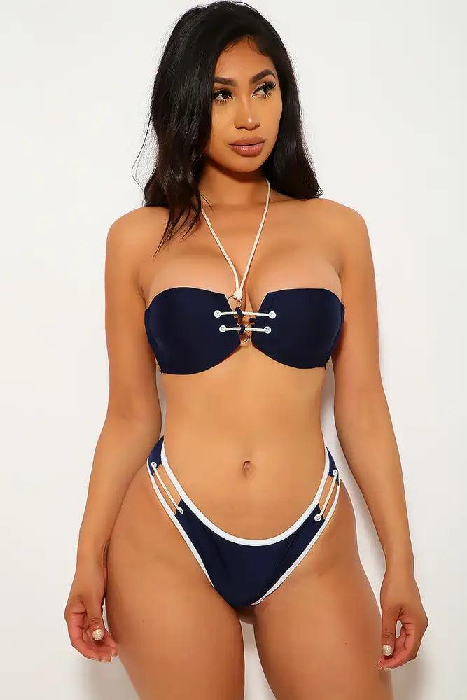 Sexy Navy Strappy Cut Out Bandeau Two Piece Swimsuit - AMIClubwear