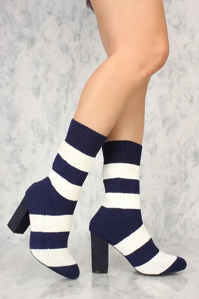 Sexy Navy Stripe Mid-Calf Chunky Heel Booties - AMIClubwear