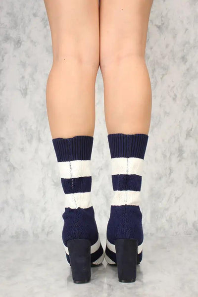 Sexy Navy Stripe Mid-Calf Chunky Heel Booties - AMIClubwear