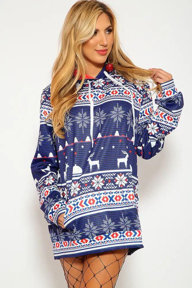 Sexy Navy White Fair Isle Print Pullover Hoodie Ugly Sweater Sweatshirt - AMIClubwear