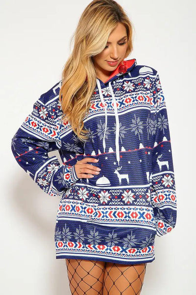 Sexy Navy White Fair Isle Print Pullover Hoodie Ugly Sweater Sweatshirt - AMIClubwear