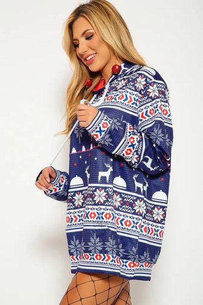 Sexy Navy White Fair Isle Print Pullover Hoodie Ugly Sweater Sweatshirt - AMIClubwear