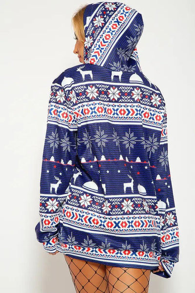 Sexy Navy White Fair Isle Print Pullover Hoodie Ugly Sweater Sweatshirt - AMIClubwear