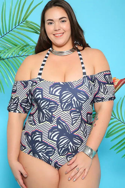 Sexy Navy White Off The Shoulder Plus Size One Piece Swimsuit - AMIClubwear