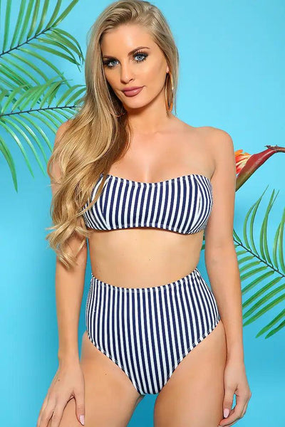 Sexy Navy White Stripe Print Padded Bandeau Two Piece Swimsuit - AMIClubwear