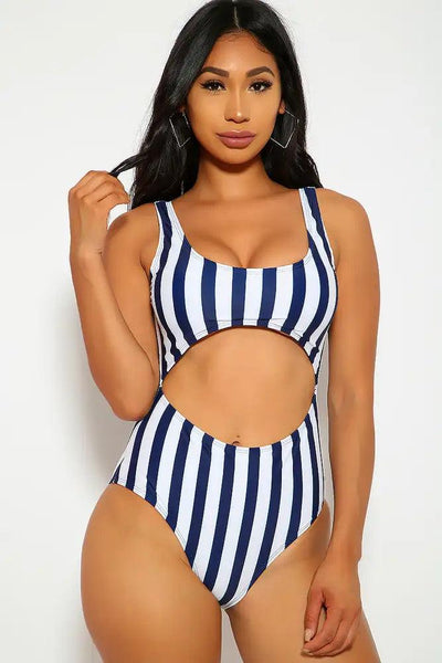 Sexy Navy White Striped Low Back One Piece Swimsuit - AMIClubwear