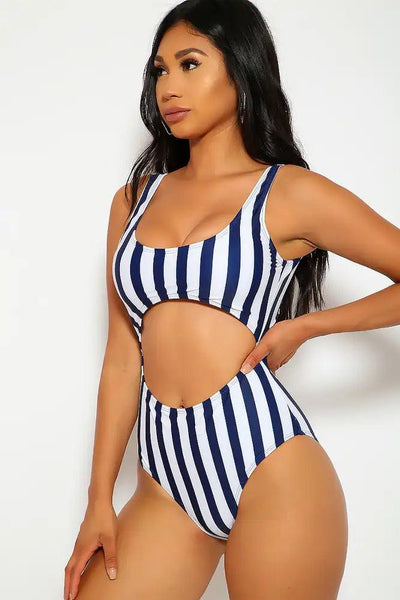 Sexy Navy White Striped Low Back One Piece Swimsuit - AMIClubwear