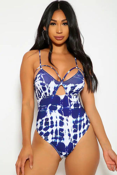 Sexy Navy White Tie Dye Strappy One Piece Swimsuit - AMIClubwear