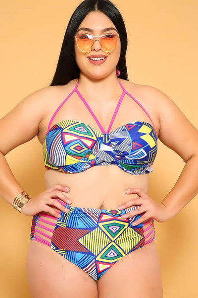 Sexy Navy Yellow Strappy Padded 2Pc. High Waist Plus Size Swimsuit - AMIClubwear
