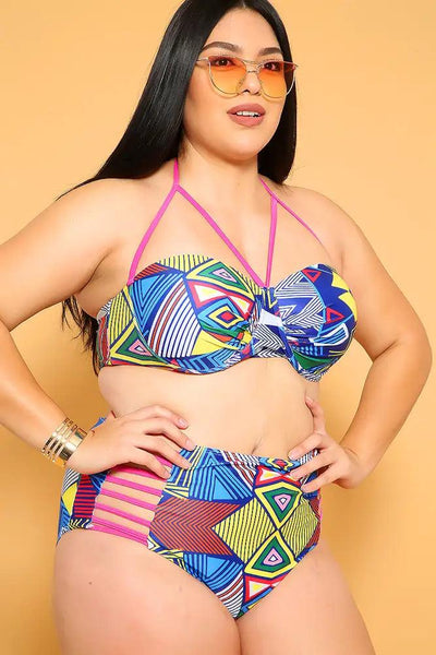 Sexy Navy Yellow Strappy Padded 2Pc. High Waist Plus Size Swimsuit - AMIClubwear