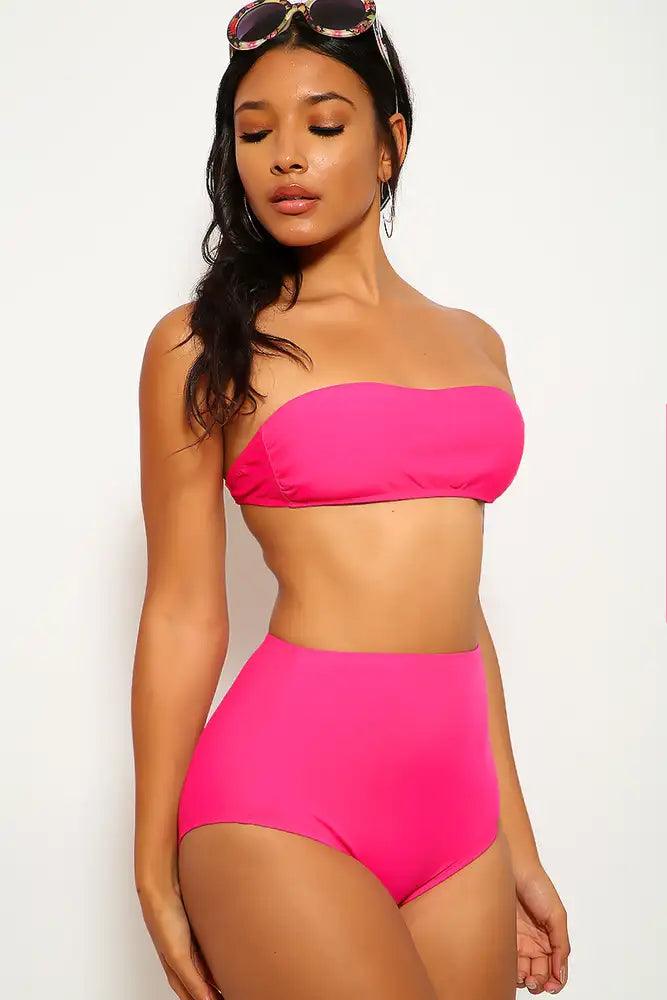 Sexy Neon Fuchsia Bandeau High Waist Two Piece Swimsuit - AMIClubwear