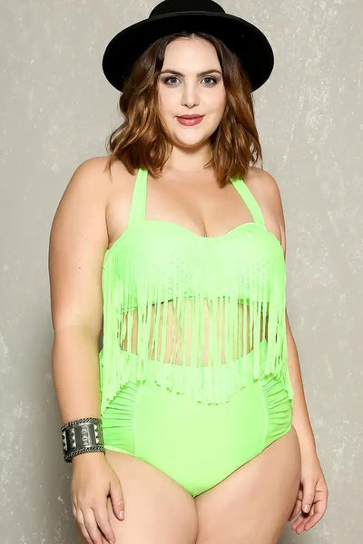 Sexy Neon Green Fringe High Waist Plus Size Swimsuit - AMIClubwear