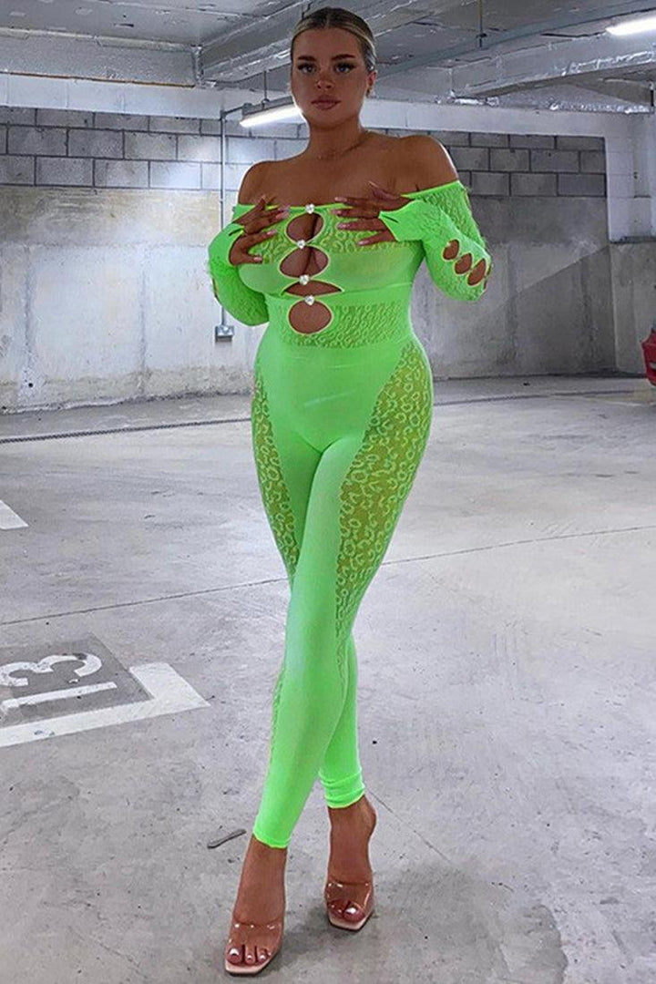 Sexy Zone - Mutti Sexy Neon Green Stretchy Mesh Rhinestone Button Bodysuit